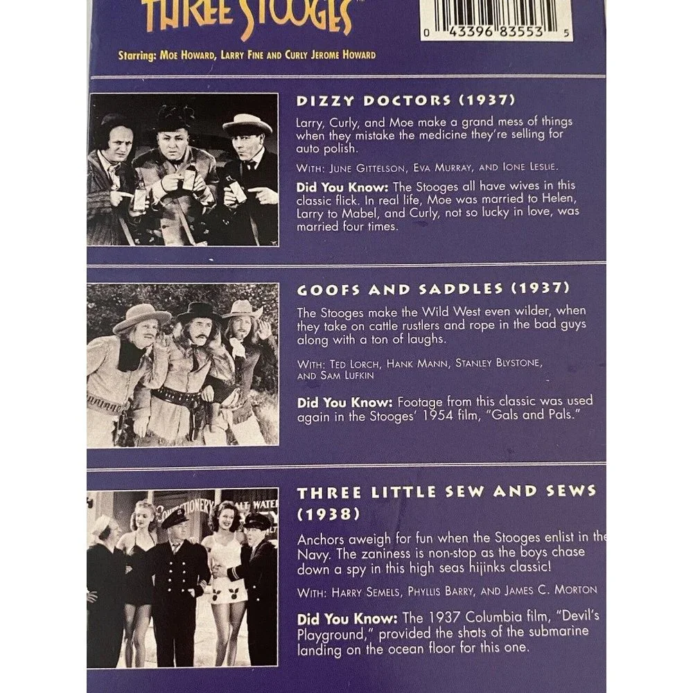 The Three Stooges Dizzy Doctors VHS Tape with 2 Other Movies 1996 Excellent Cond